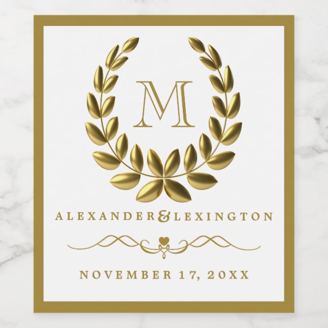 Elegant Monogram With Gold Laurel Wreath Wedding Wine Label (Single Label)