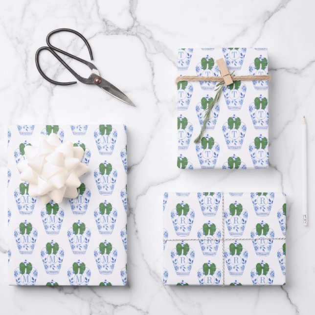 Elegant Monogram With Green Bow Christmas Wrapping Paper Sheet (Front)