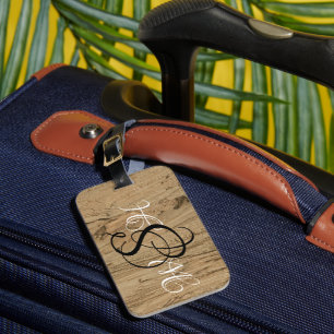 Elegant Monogram Wooden Striped Photo Nature Luggage Tag