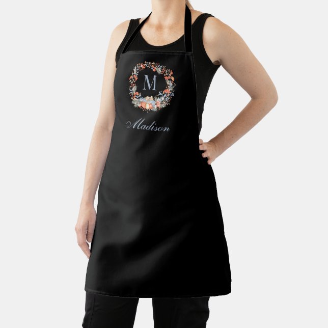 Elegant Monogram Wreath Chic Black Christmas Apron (Insitu)