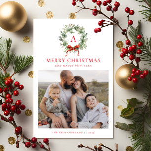Elegant Monogram Wreath Christmas Two Photo Holiday Card