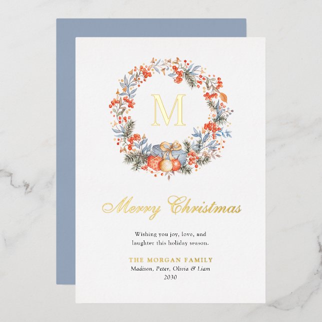 Elegant Monogram Wreath Dusty Blue Modern (Front/Back)