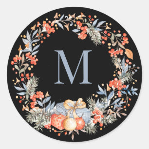 Elegant Monogram Wreath Dusty Blue Modern Classic Round Sticker