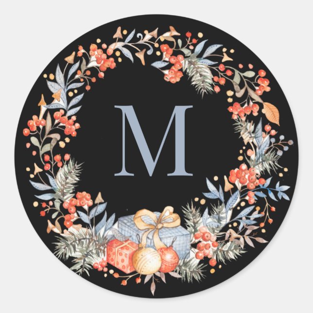 Elegant Monogram Wreath Dusty Blue Modern Classic Round Sticker (Front)