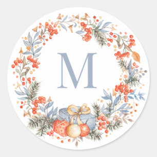 Elegant Monogram Wreath Dusty Blue Modern Classic Round Sticker