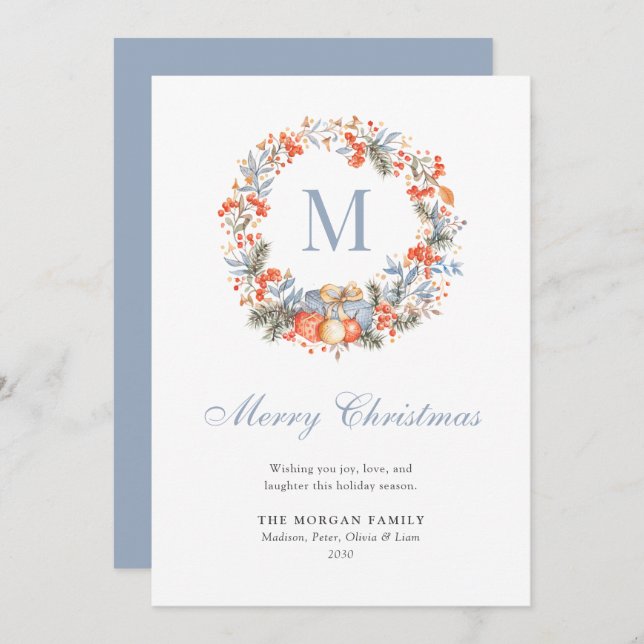 Elegant Monogram Wreath Dusty Blue Modern Holiday Card (Front/Back)