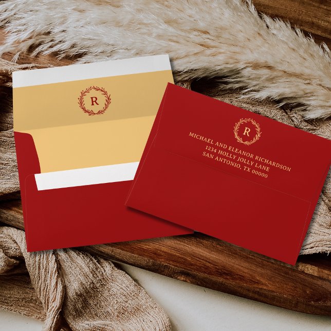 Elegant Monogram Wreath Festive Red Gold Christmas Envelope (Creator Uploaded)