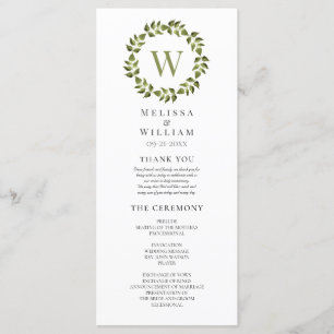 Elegant Monogram Wreath Green Leaf Wedding Programme