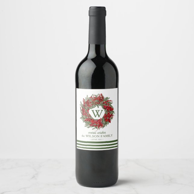 Elegant Monogram Wreath Holiday Wine Labels (Front)