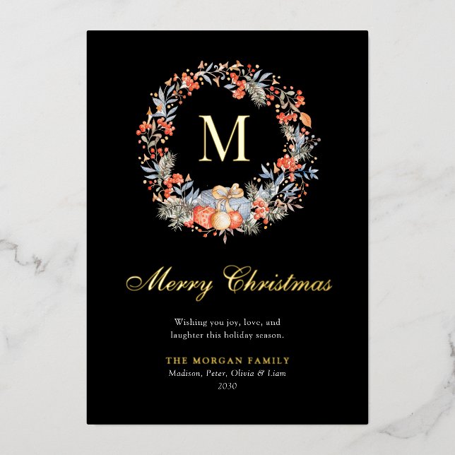 Elegant Monogram Wreath Modern Black Gold (Front)
