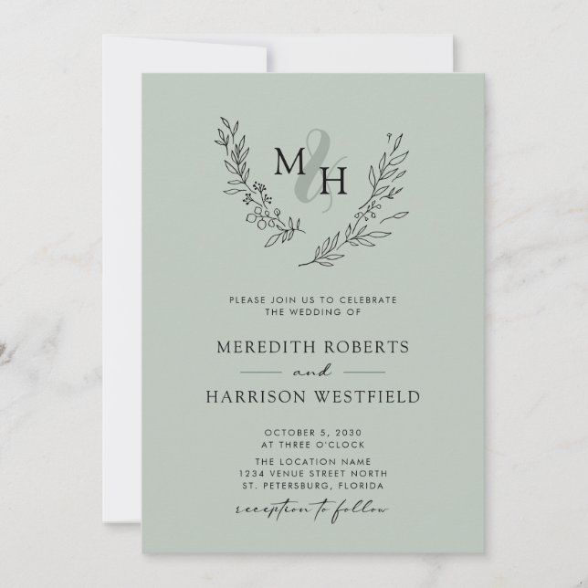  Elegant Monogram Wreath Sage Wedding Invitation (Front)