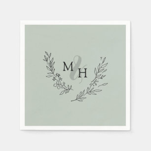 Elegant Monogram Wreath Sage Wedding Napkin