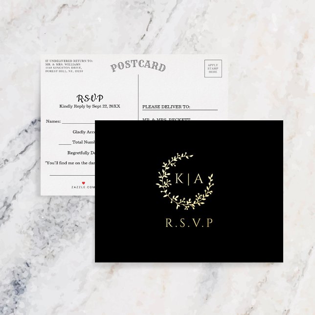 Elegant Monogram Wreath Wedding RSVP Real Foil Invitation Postcard (Creator Uploaded)