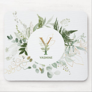 Elegant Monogram Y Greenery Wreath Mouse Pad