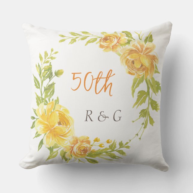 Elegant Monogram Yellow Flower Wreath Wedding 50th Cushion (Front)