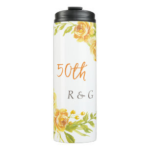 Elegant Monogram Yellow Flower Wreath Wedding 50th Thermal Tumbler