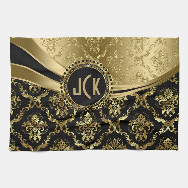 Elegant Monogramed Black & Gold Floral Damasks 2c Tea Towel (Horizontal)