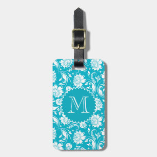 Elegant Monogramed Turquoise & White Floral Damask Luggage Tag
