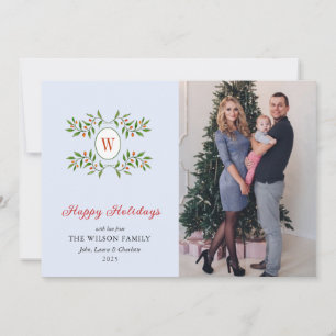 Elegant Monogramed wreath with Citrus Blue Holiday Card