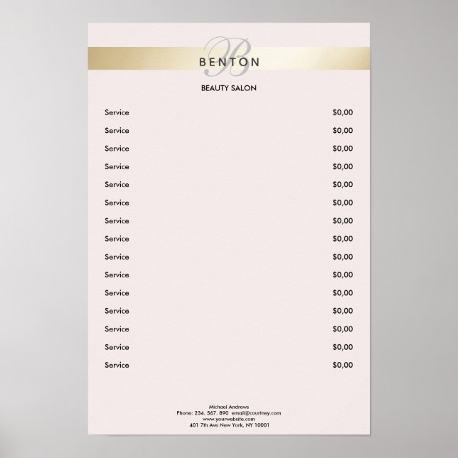 Elegant Monogramm Rose Gold Stripe Pricelist  Poster (Front)