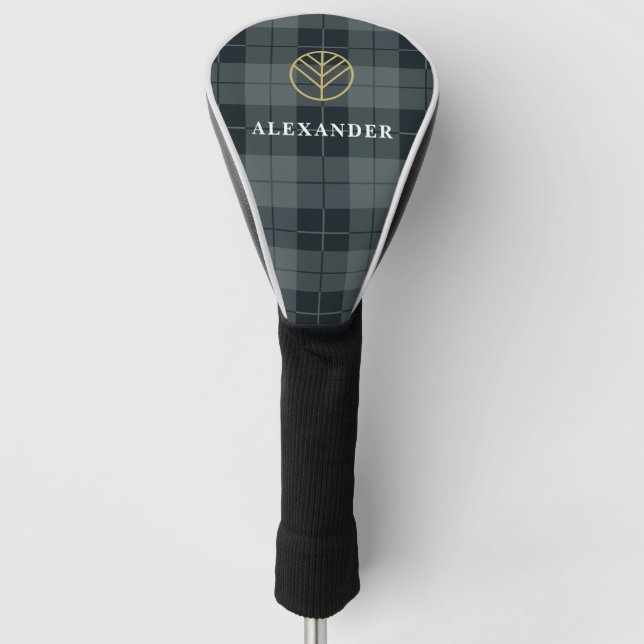 Elegant Monogrammed Black and Gold Tartan Golf Head Cover (Front)