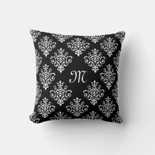 Elegant Monogrammed Black and White Damask Pattern Cushion