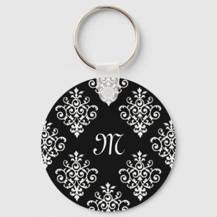 Elegant Monogrammed Black and White Damask Pattern Key Ring
