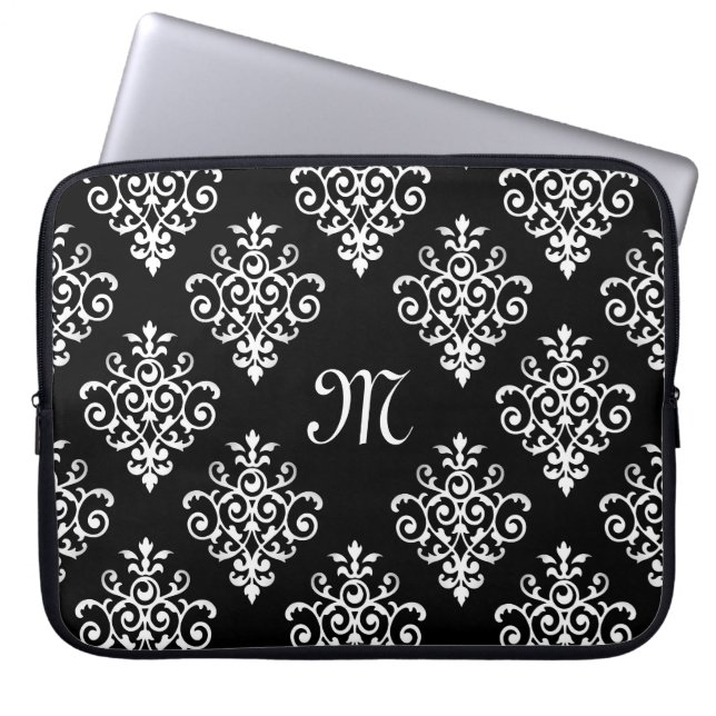 Elegant Monogrammed Black and White Damask Pattern Laptop Sleeve (Front)
