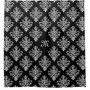 Elegant Monogrammed Black and White Damask Pattern Shower Curtain
