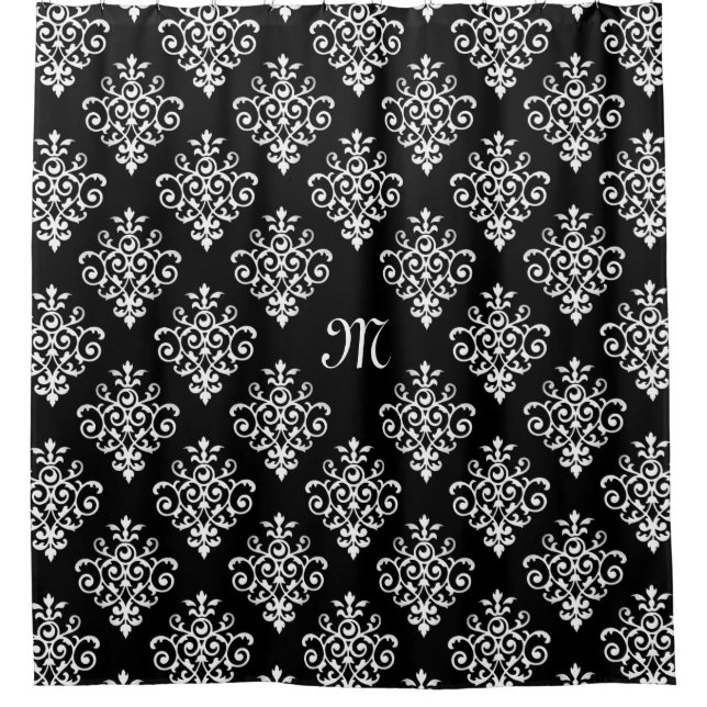 Elegant Monogrammed Black and White Damask Pattern Shower Curtain (Front)