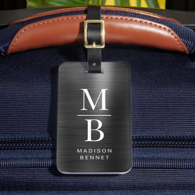 Elegant Monogrammed Black Brushed Metallic  Luggage Tag (Front Insitu 2)