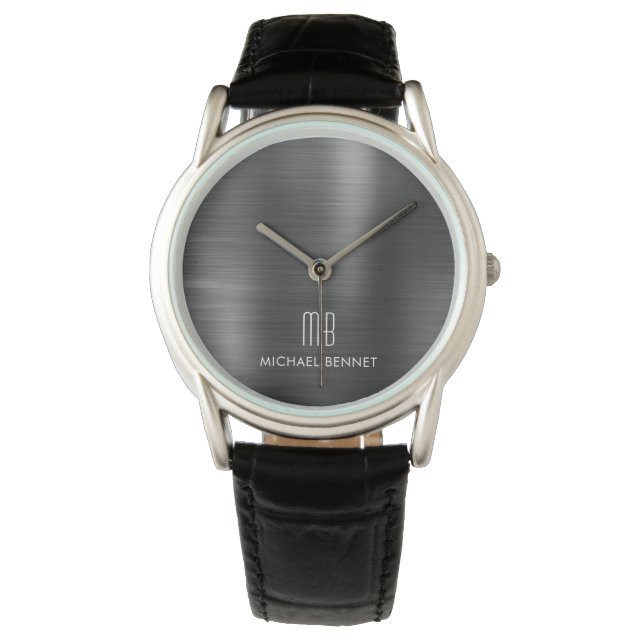Elegant Monogrammed Black Brushed Metallic Watch (Front)
