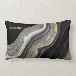 Elegant Monogrammed Black Gold and Gray Agate Lumbar Cushion