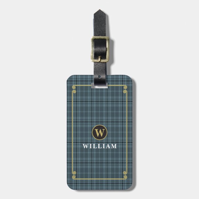 Elegant Monogrammed Black Gold Windowpane Check Luggage Tag (Front Vertical)