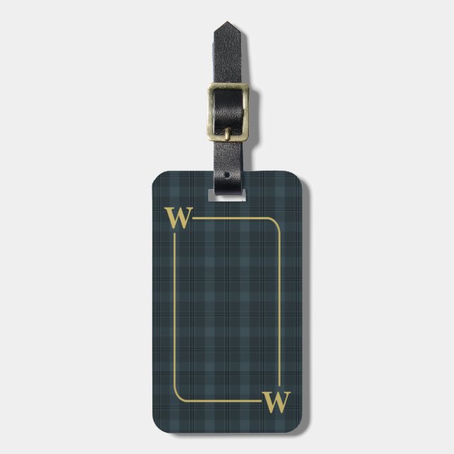 Elegant Monogrammed Black Gold Windowpane Plaid Luggage Tag (Front Vertical)