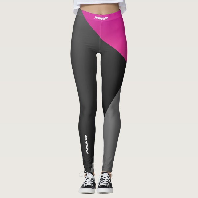 Elegant monogrammed black grey pink workout leggings (Front)