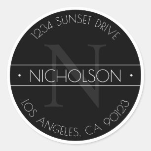 Elegant Monogrammed Black & White Return Address Classic Round Sticker