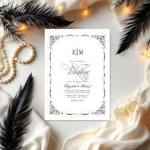 Elegant Monogrammed Black & White Wedding QR Code Invitation