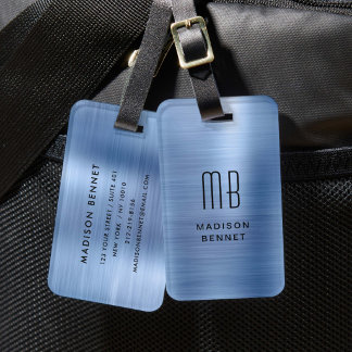 Elegant Monogrammed Blue Brushed Metallic Luggage Tag