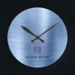 Elegant Monogrammed Blue Brushed Metallic Round Clock<br><div class="desc">Personalized Elegant Monogrammed Blue Brushed Round Clock.</div>