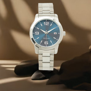 Elegant Monogrammed Blue Brushed Metallic Watch