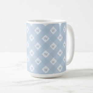 Elegant Monogrammed Blue, White Chequered Pattern Coffee Mug