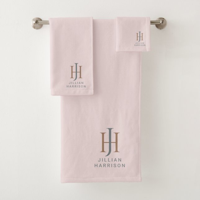 Elegant Monogrammed Blush Pink Bath Towel Set (Insitu)
