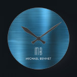 Elegant Monogrammed Brushed Metallic Blue Round Clock<br><div class="desc">Personalised Elegant Monogrammed Brushed Metallic Blue Round Clock.</div>