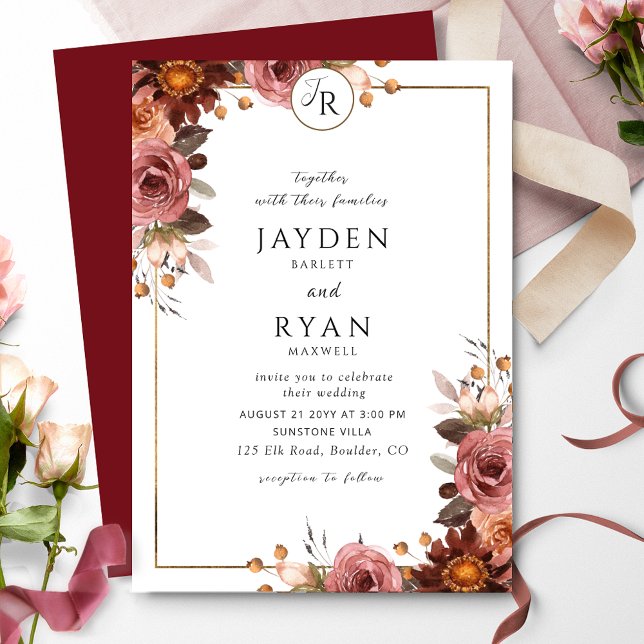 Elegant Monogrammed Burgundy and Blush Wedding Invitation (Creator Uploaded)