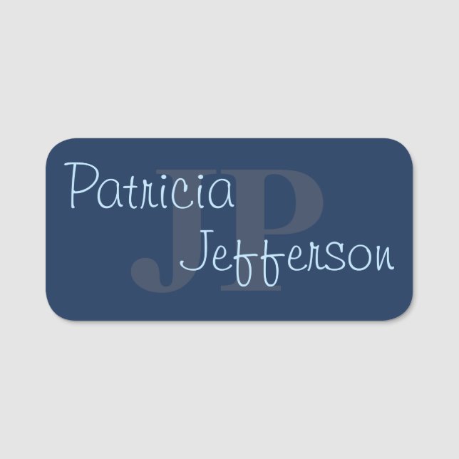 Elegant Monogrammed Dark Blue: Modern Professional Name Tag (Front)