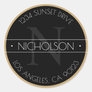 Elegant Monogrammed Faux Gold Black Return Address Classic Round Sticker