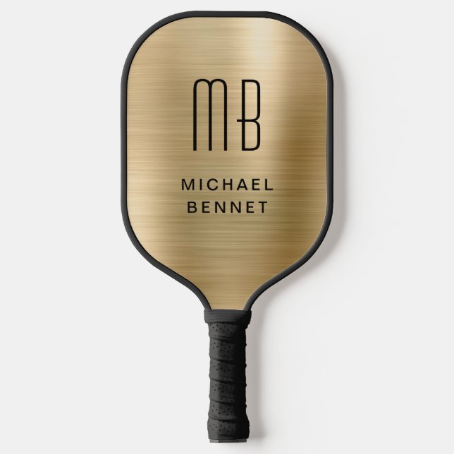 Elegant Monogrammed Faux Gold Brushed Metallic Pickleball Paddle (Front)