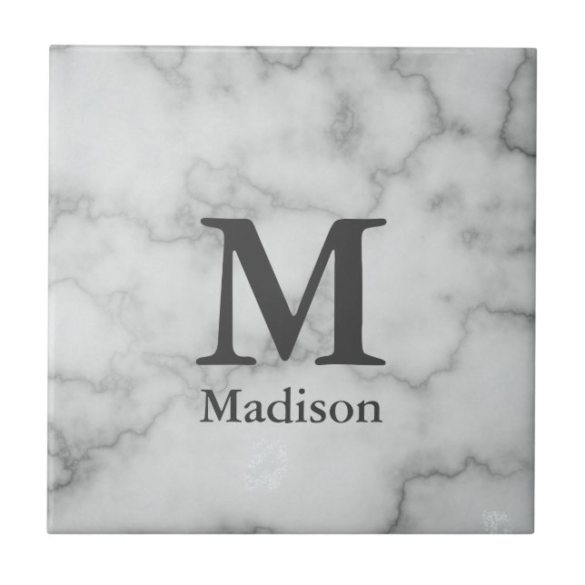 Elegant Monogrammed Faux White Marble Tile (Front)