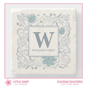 Elegant Monogrammed Floral Botanical Stone Coaster